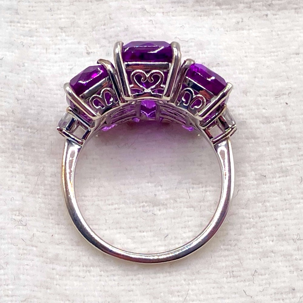 Huge Color Change Lab Sapphire Trilogy Cocktail Ring. Platinum over Sterling - Picture 7 of 16